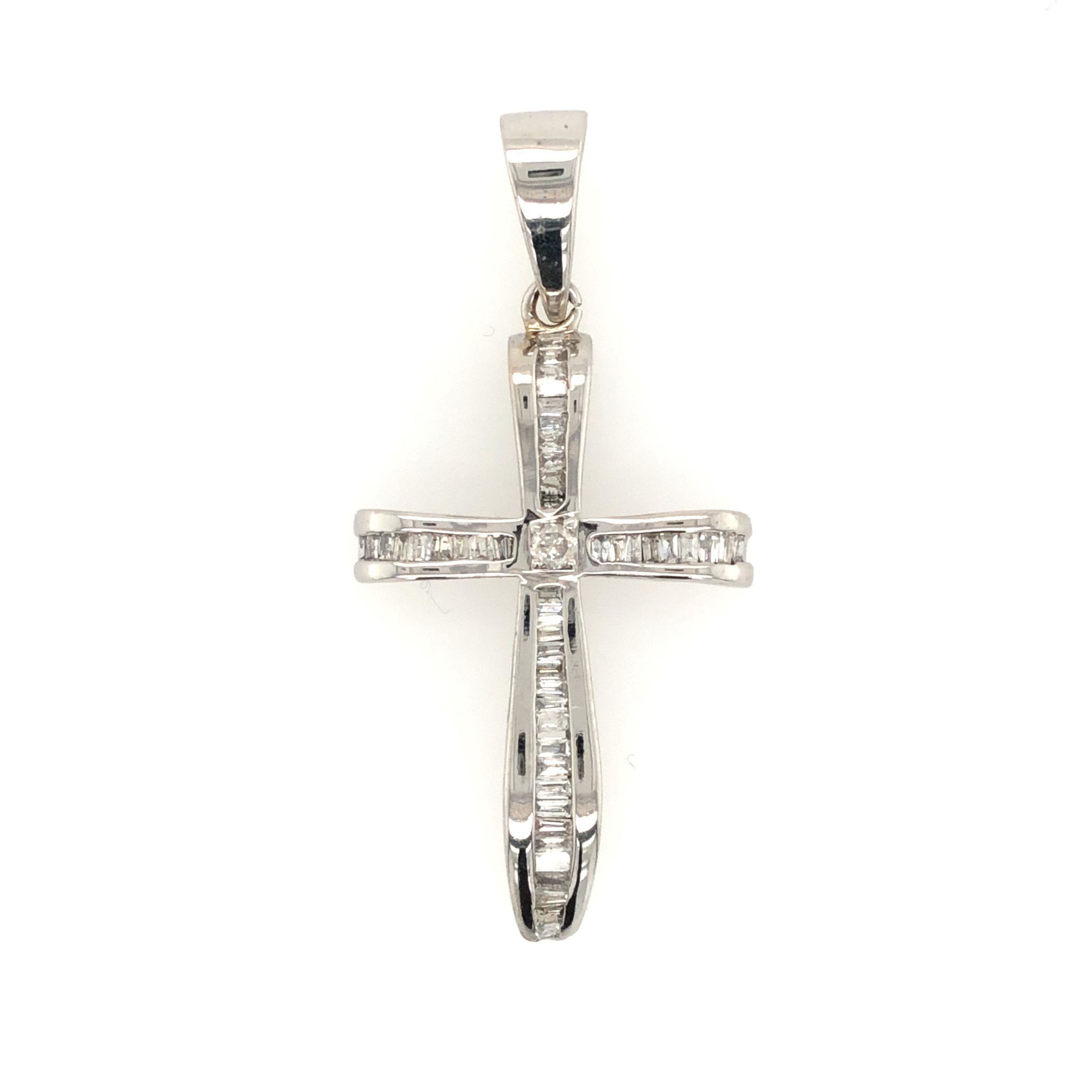 77661 14K WHITE GOLD CHANNEL SET BAGUETTE DIAMOND WITH ROUND CENTER CROSS 2’’