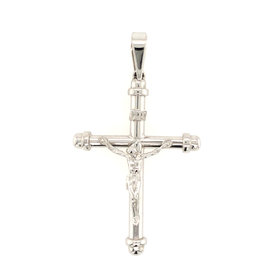 77032 14K WHITE GOLD HIGH POLISH ROUND TUBE PLAIN CRUCIFIX WITH ROUND CAPS  2’’