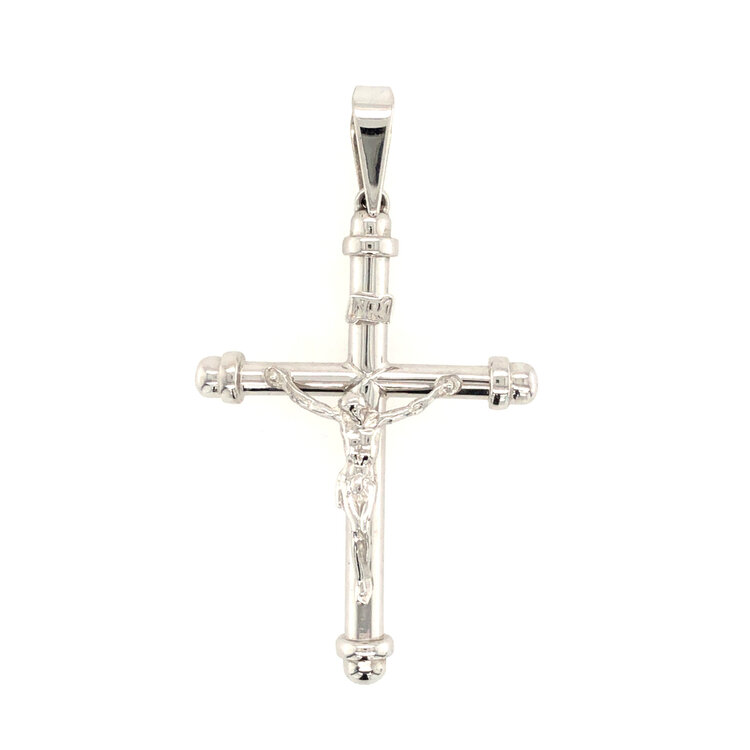 77032 14K WHITE GOLD HIGH POLISH ROUND TUBE PLAIN CRUCIFIX WITH ROUND CAPS  2’’