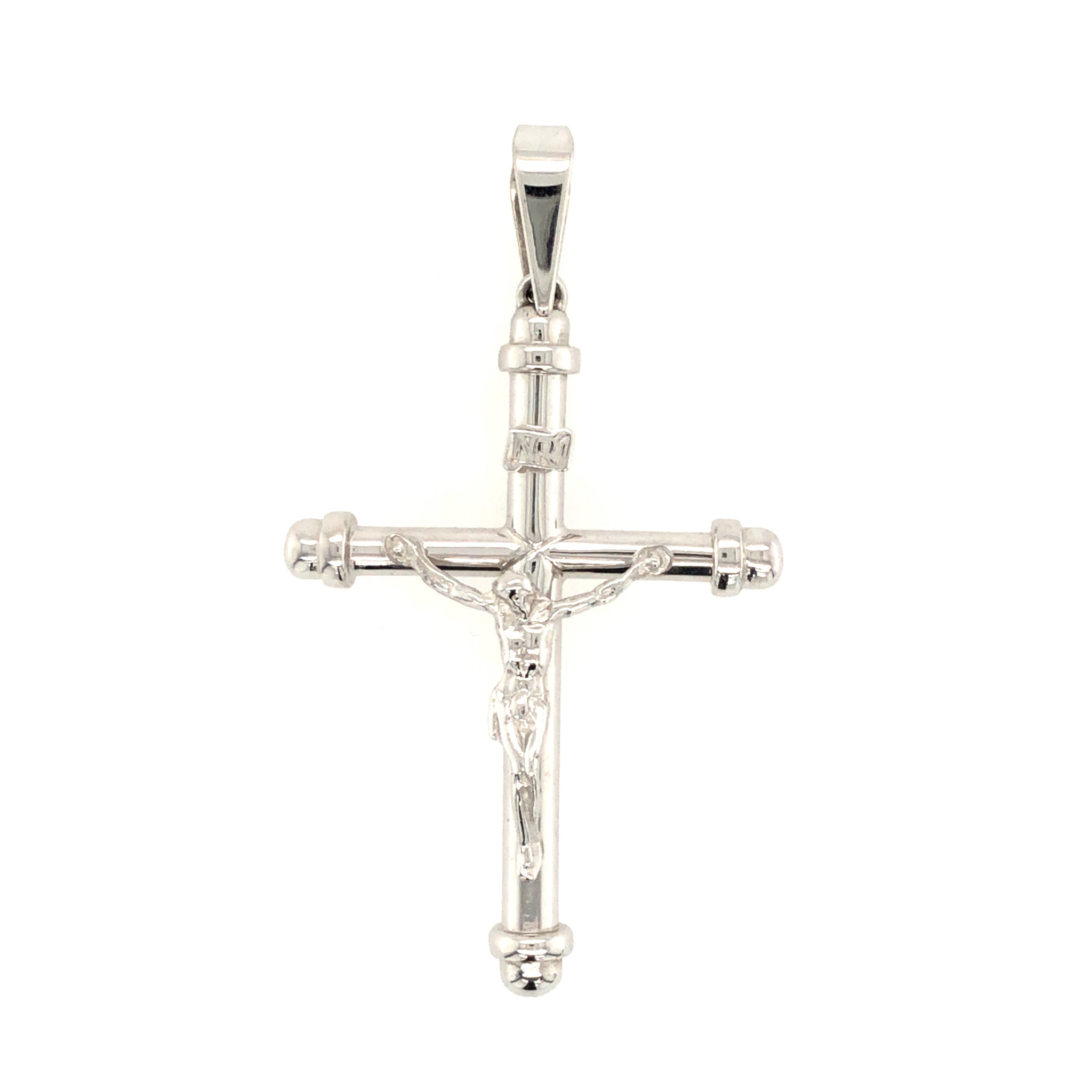 77032 14K WHITE GOLD HIGH POLISH ROUND TUBE PLAIN CRUCIFIX WITH ROUND CAPS 2’’