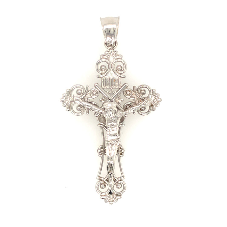 77028 14K WHITE GOLD 2'' FILIGREE INRI CRUCIFIX