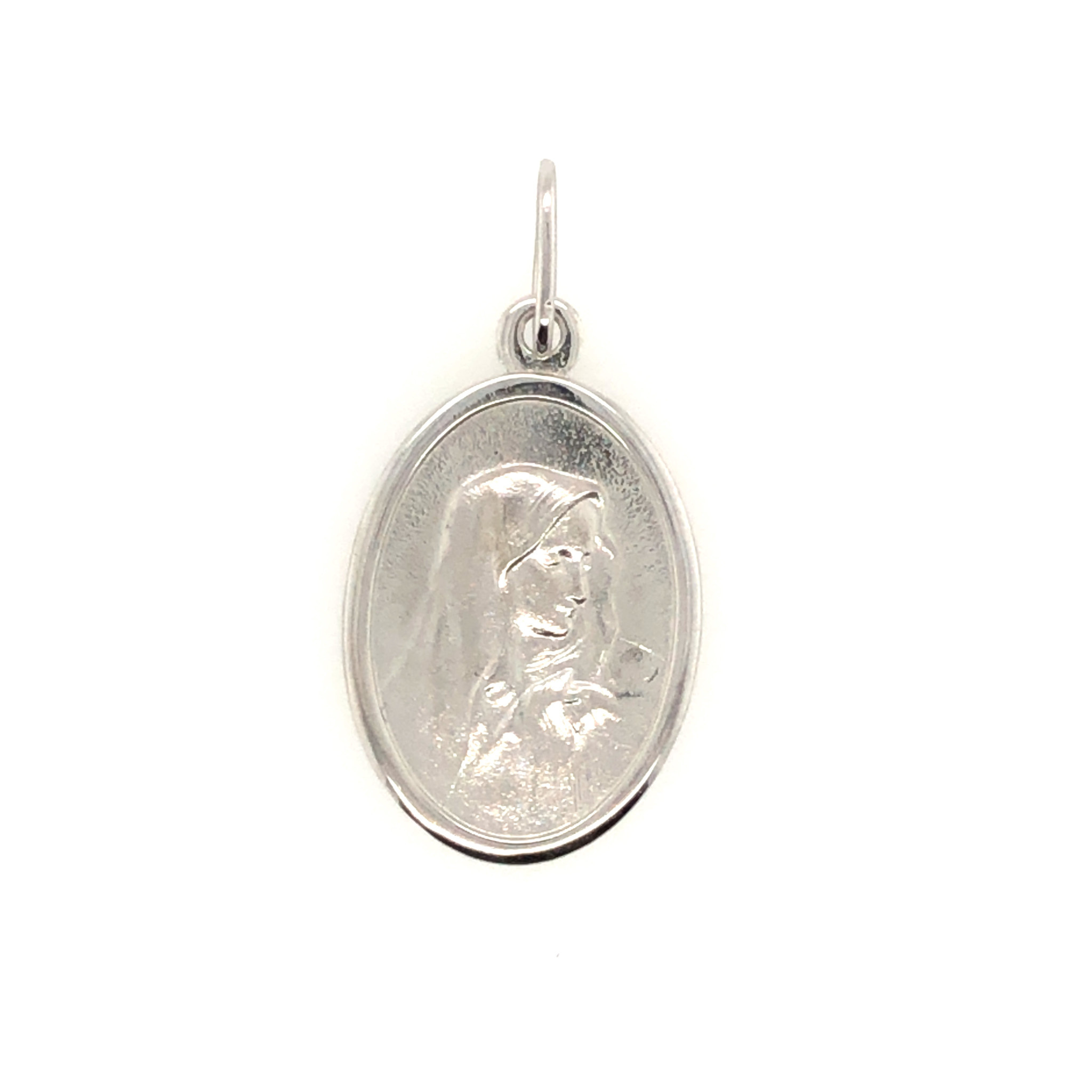 77530 14K WHITE GOLD OVAL MADONNA WITH SHINY BORDER 20X15