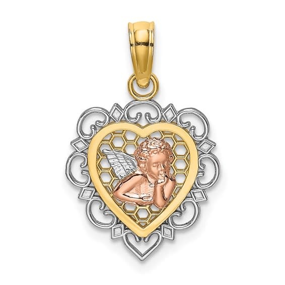 77799 14K TRI COLOR ANGEL FILIGREE HEART SHAPE CHARM