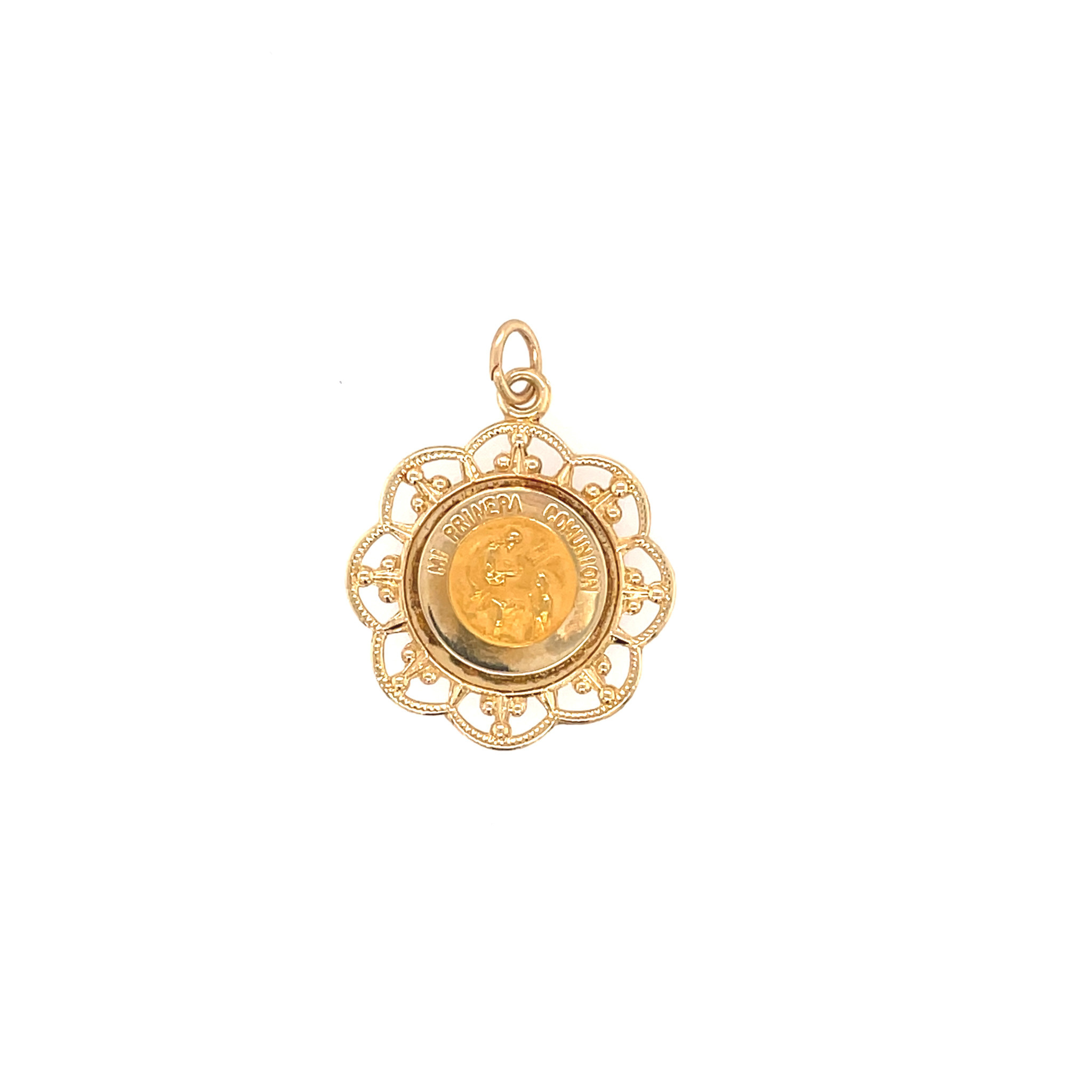 77110 14K YELLOW GOLD MI PRIMERA COMUNION FILIGREE MEDAL