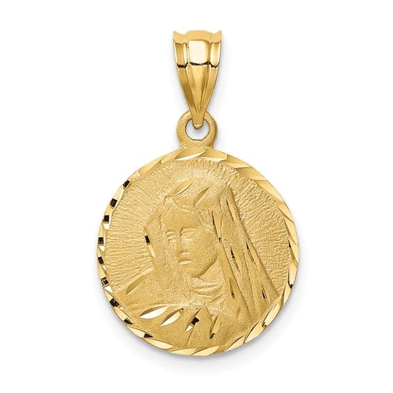 77051 14K YELLOW GOLD DIAMOND CUT EDGE AND SATIN MOTHER MARY MEDAL 15MM
