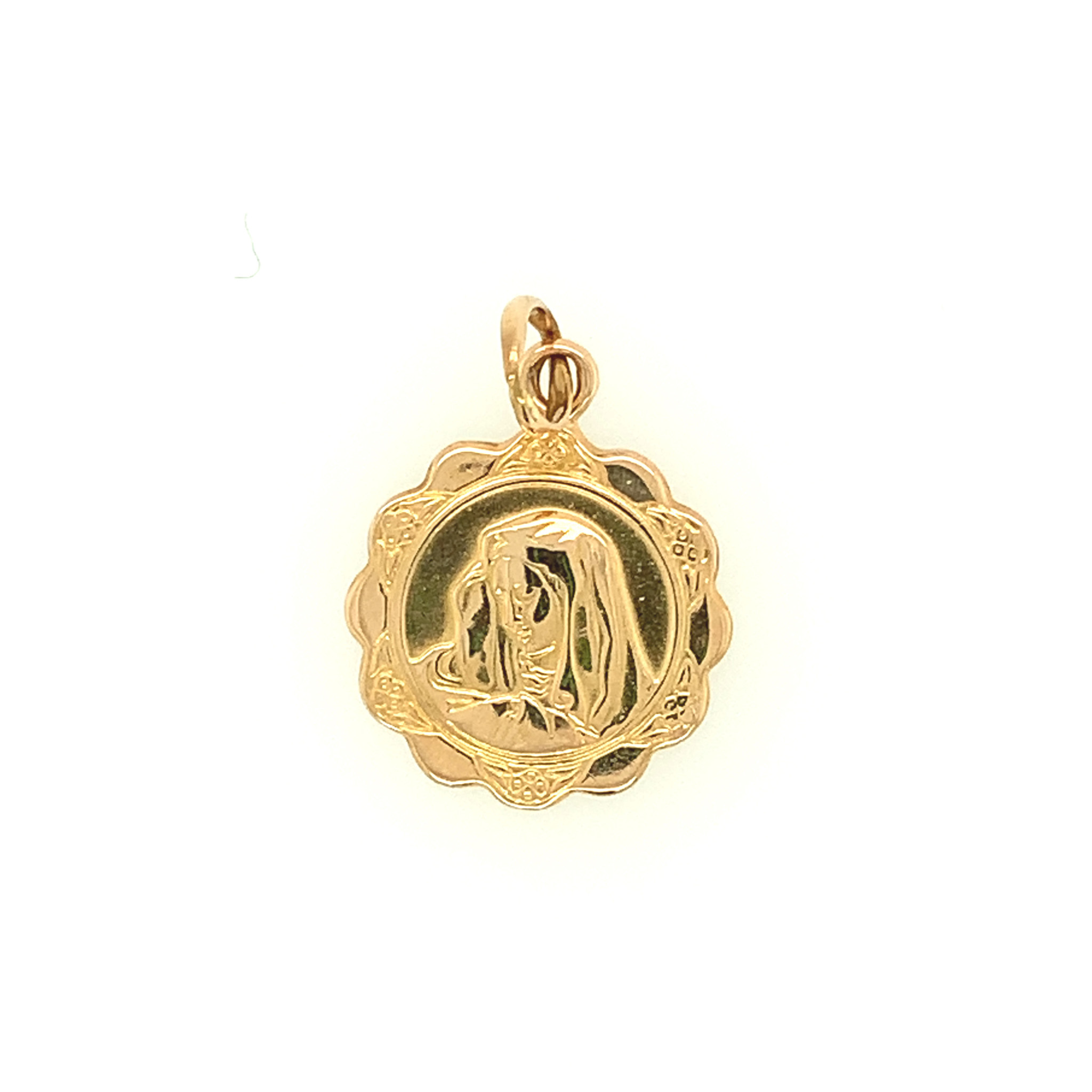 77024 18K YELLOW GOLD MOTHER MARY AND FLORAL EDGE MEDAL