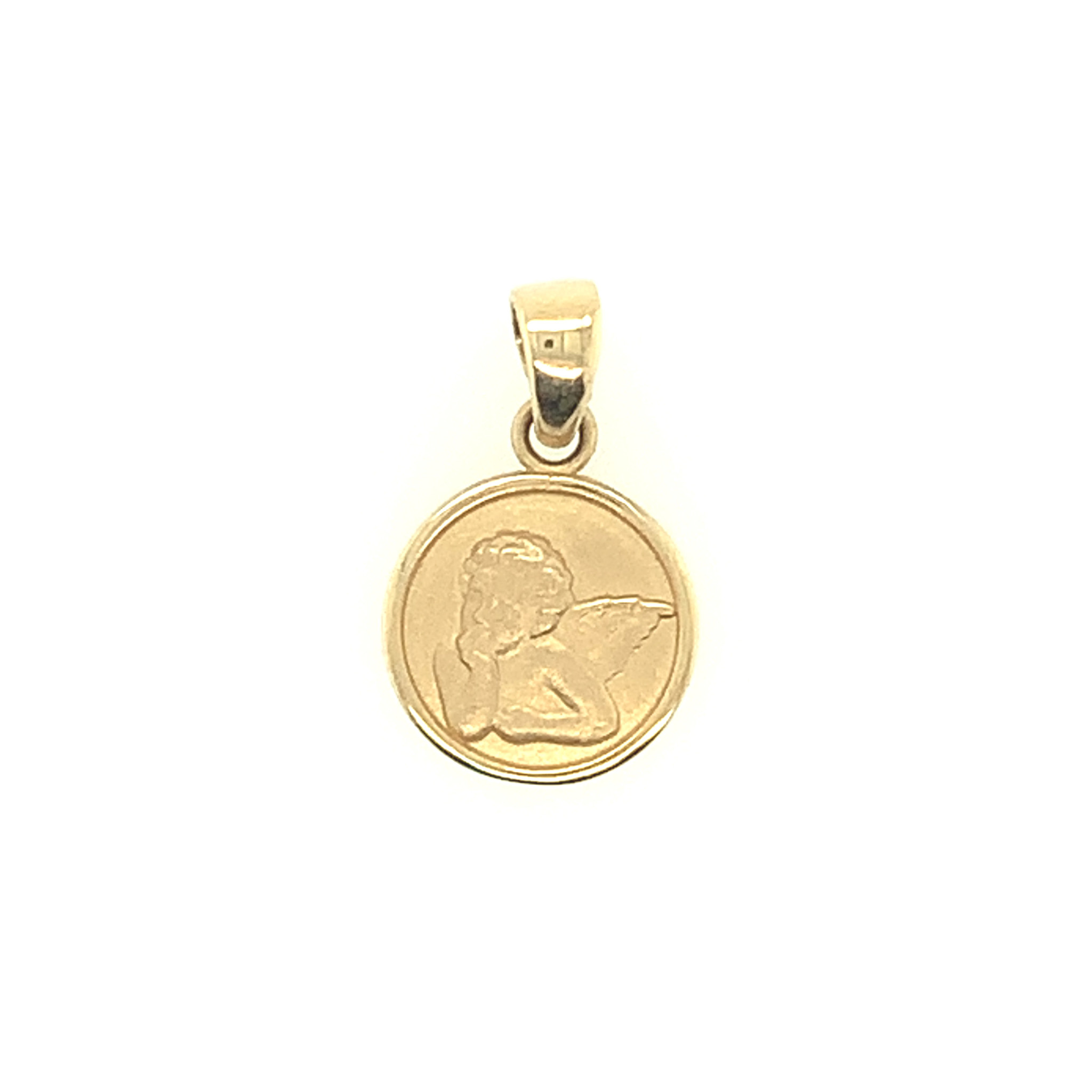77892 14K YELLOW GOLD SMALL SATIN FINISH CHERUB ANGEL HIGH POLISH FINISH BORDER MEDAL