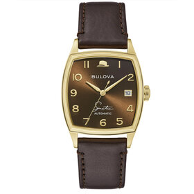 Bulova BULOVA FRANK SINATRA SQUARE GOLD AND CHOCOLATE FACE WITH BROWN BUTTERFLY LEATHER BAND AUTOMATIC WATCH