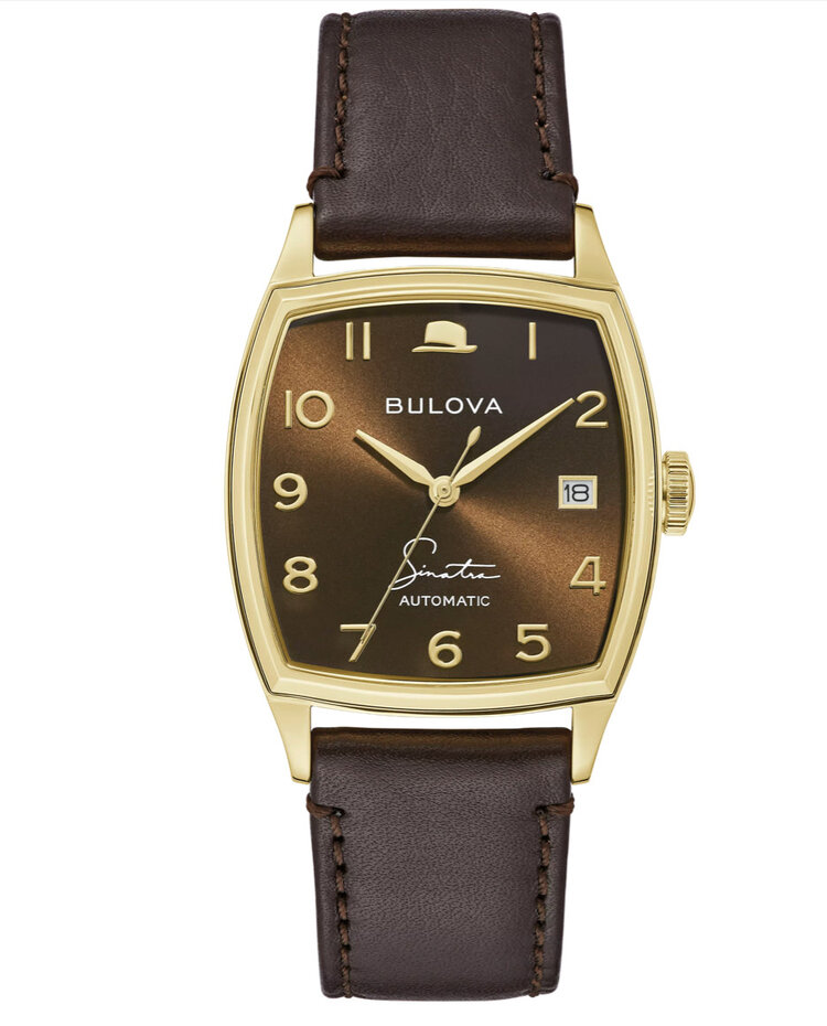 Bulova BULOVA FRANK SINATRA SQUARE GOLD AND CHOCOLATE FACE WITH BROWN BUTTERFLY LEATHER BAND AUTOMATIC WATCH