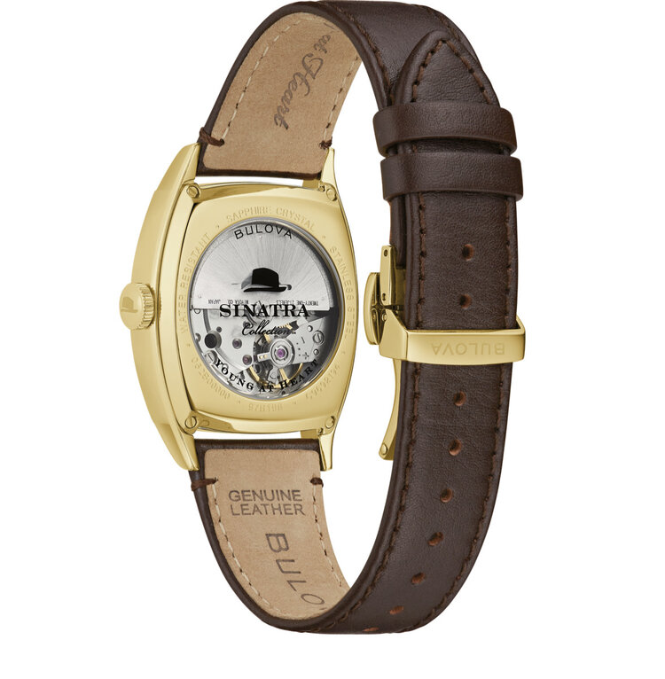 Bulova BULOVA FRANK SINATRA SQUARE GOLD AND CHOCOLATE FACE WITH BROWN BUTTERFLY LEATHER BAND AUTOMATIC WATCH