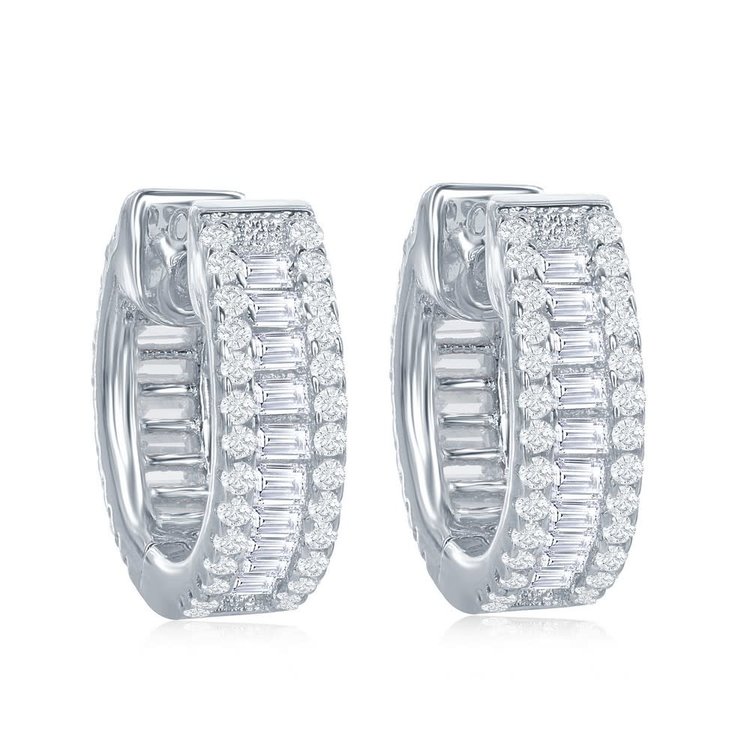 D-6885 STERLING SILVER BAGUETTE CUBIC ZIRCONIA SMALL HOOP EARRINGS