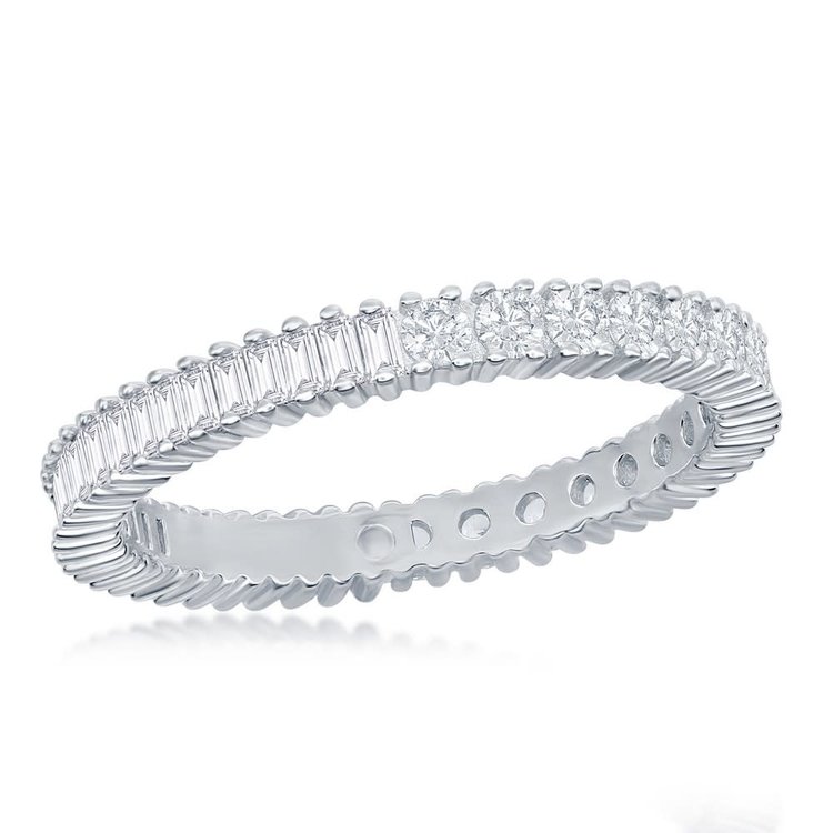 W-2673-7 STERLING SILVER HALF ROUND & BAGUETTE CUBIC ZIRCONIA ETERNITY BAND RING