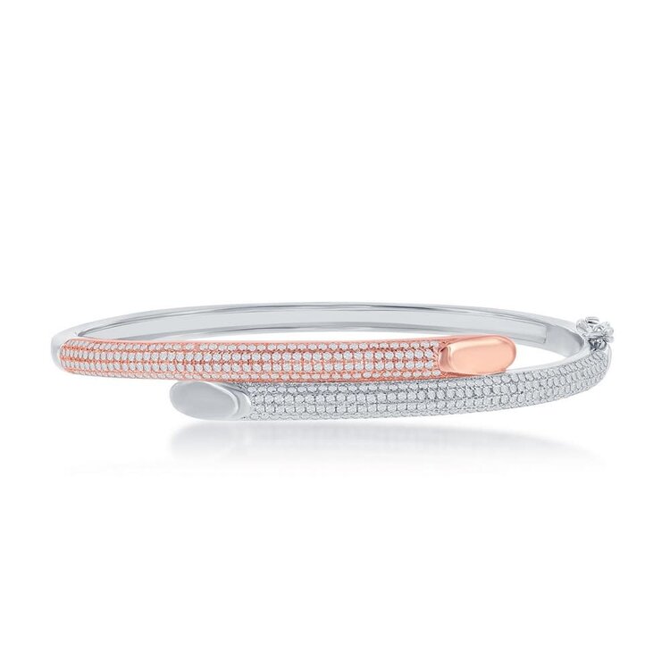 U-6645 Sterling Silver Micro Pave Bottom Flat Overlapping Bangle - Rose Gold Plating