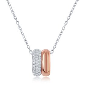 M-6100 STERLING SILVER TWO-TONE ROSE & WHITE MICRO PAVE DOUBLE OVAL NECKLACE
