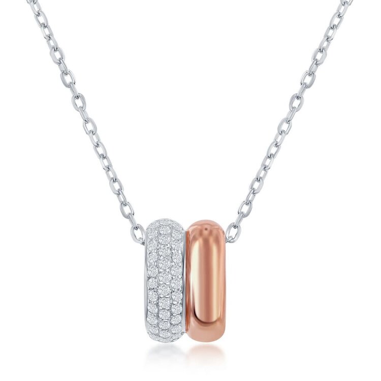 M-6100 STERLING SILVER TWO-TONE ROSE & WHITE MICRO PAVE DOUBLE OVAL NECKLACE