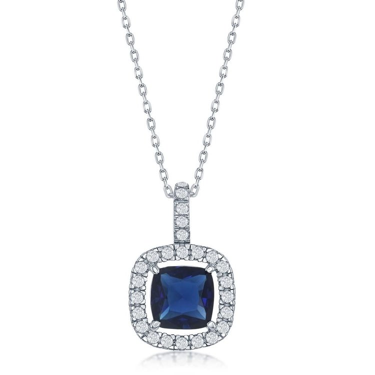 K-6699 STERLING SILVER WHITE & BLUE CUBIC ZIRCONIA SQUARE PENDANT  CZ Square Pendant - Blue Sapphire