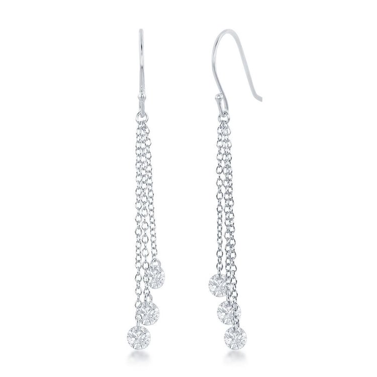 D-6933 Sterling Silver Three Single Hanging CZ's Dangling Earrings