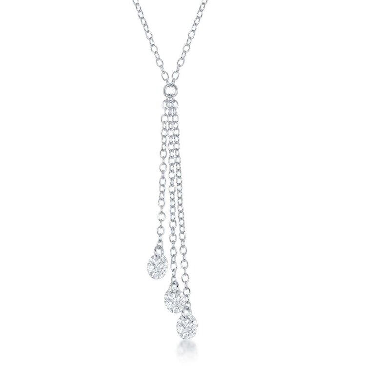 M-6041 Sterling Silver Three Single Hanging Cubic Zirconia Necklace