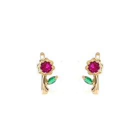30127 14K YELLOW GOLD CUBIC ZIRCONIA PINK FLOWER WITH GREEN LEAF  EUROPEAN LOCK EARRINGS