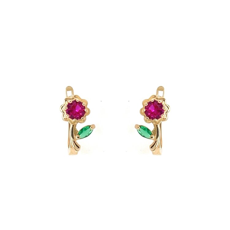 30127 14K YELLOW GOLD CUBIC ZIRCONIA PINK FLOWER WITH GREEN LEAF  EUROPEAN LOCK EARRINGS