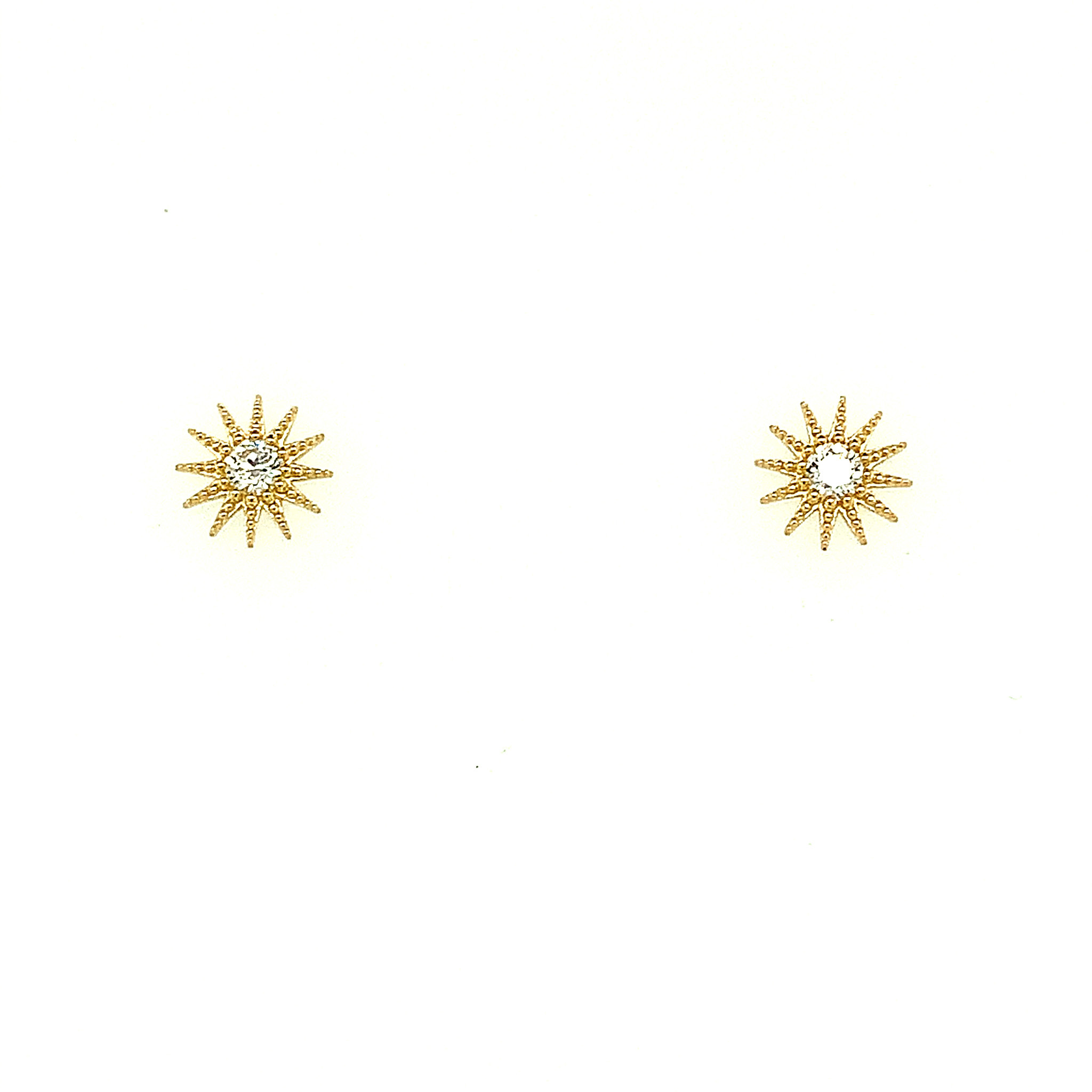 30243 14K YELLOW GOLD MILGRAIN DESIGN CUBIC ZIRCONIA CENTER SUN EARRINGS