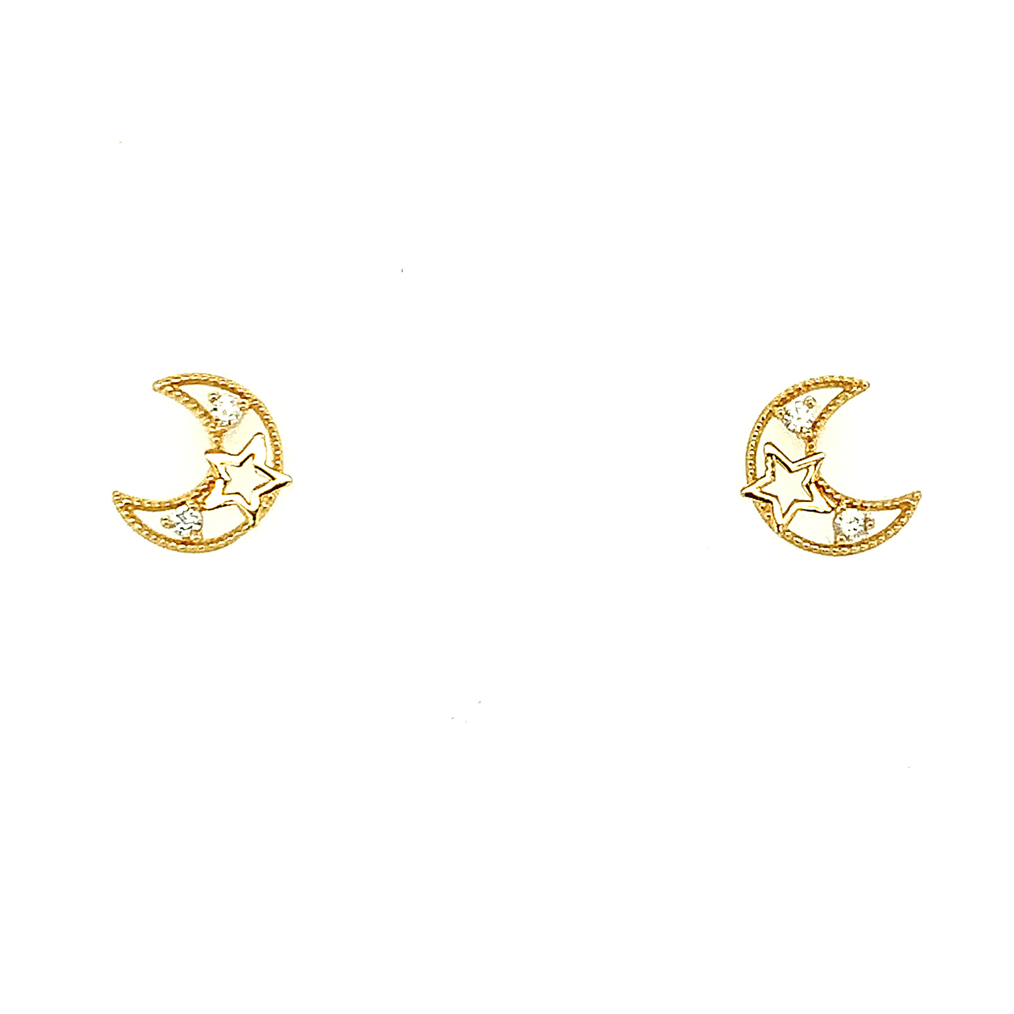 30238 14K YELLOW GOLD MILGRAIN EDGE CRESCENT MOON WITH TINY STAR AND CUBIC ZIRCONIA EARRINGS