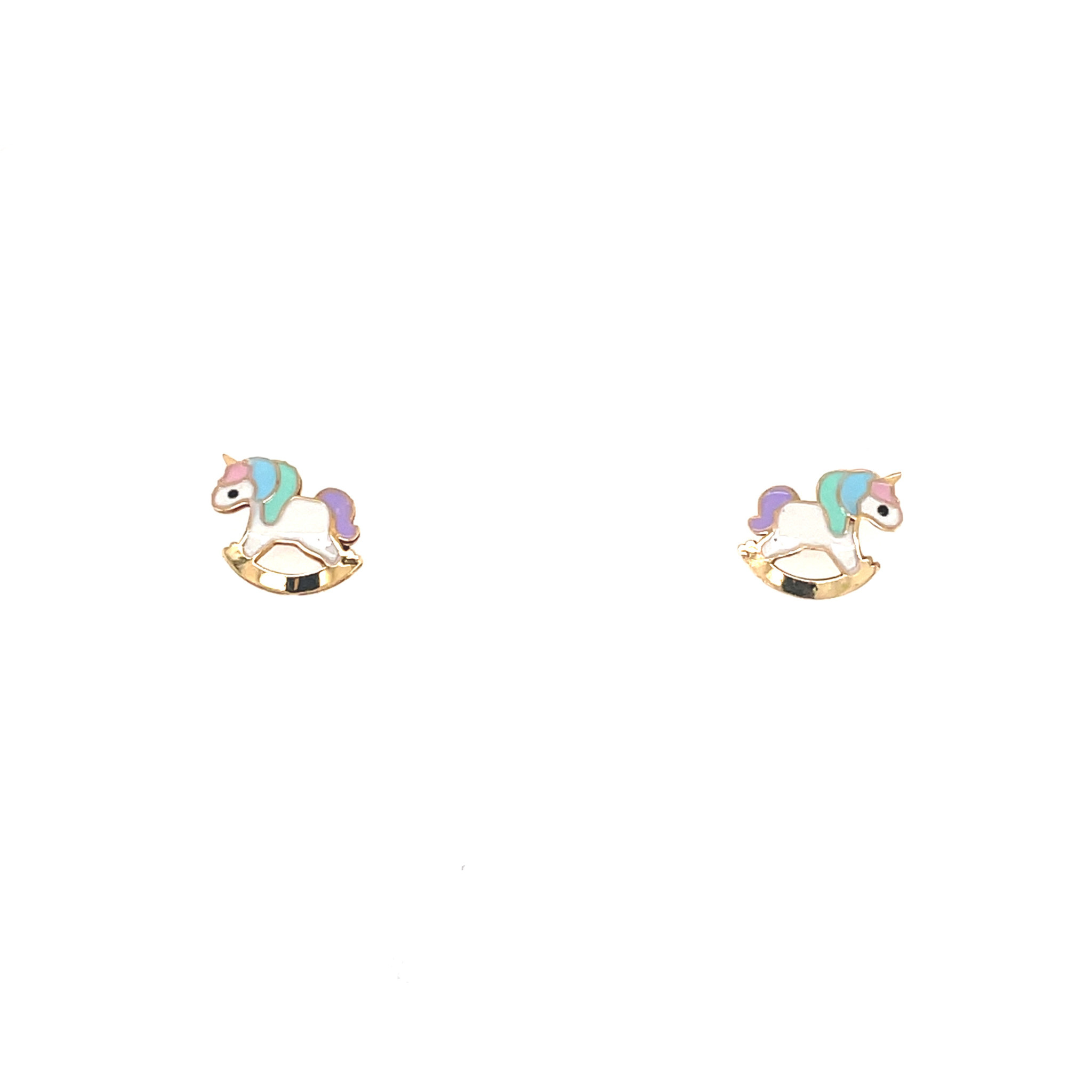 30024 14K YELLOW GOLD ENAMEL RAINBOW ROCKING UNICORN SCREW BACK STUDS