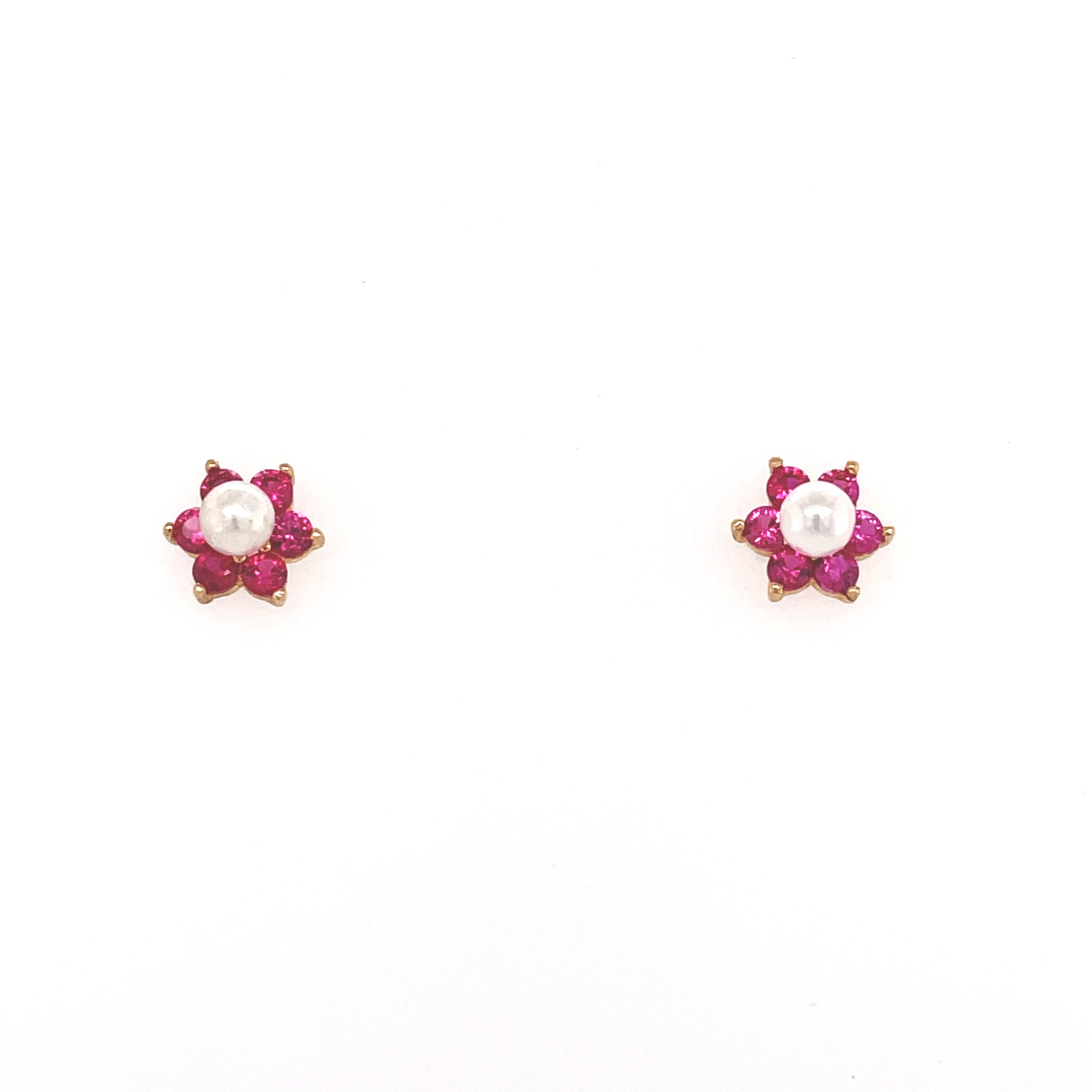 30032 14K YELLOW GOLD PEARL PINK FLOWER HALO SCREW BACK STUDS