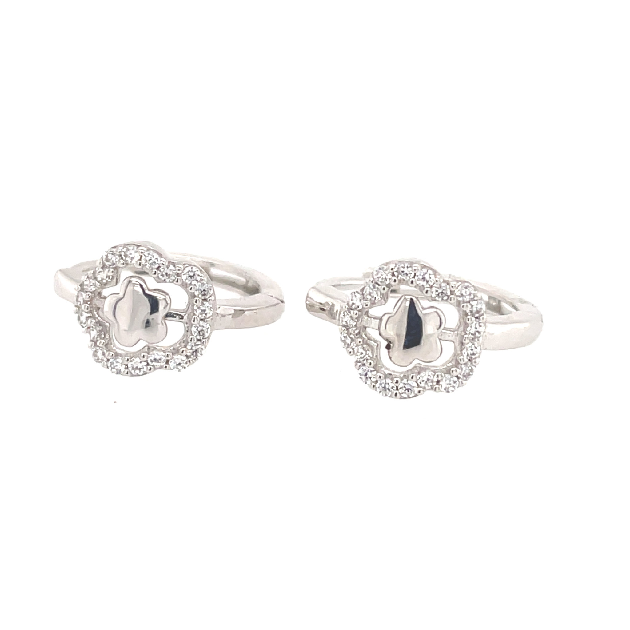 32026 14K WHITE GOLD FLOWER CUBIC ZIRCONIA HALO HUGGIES