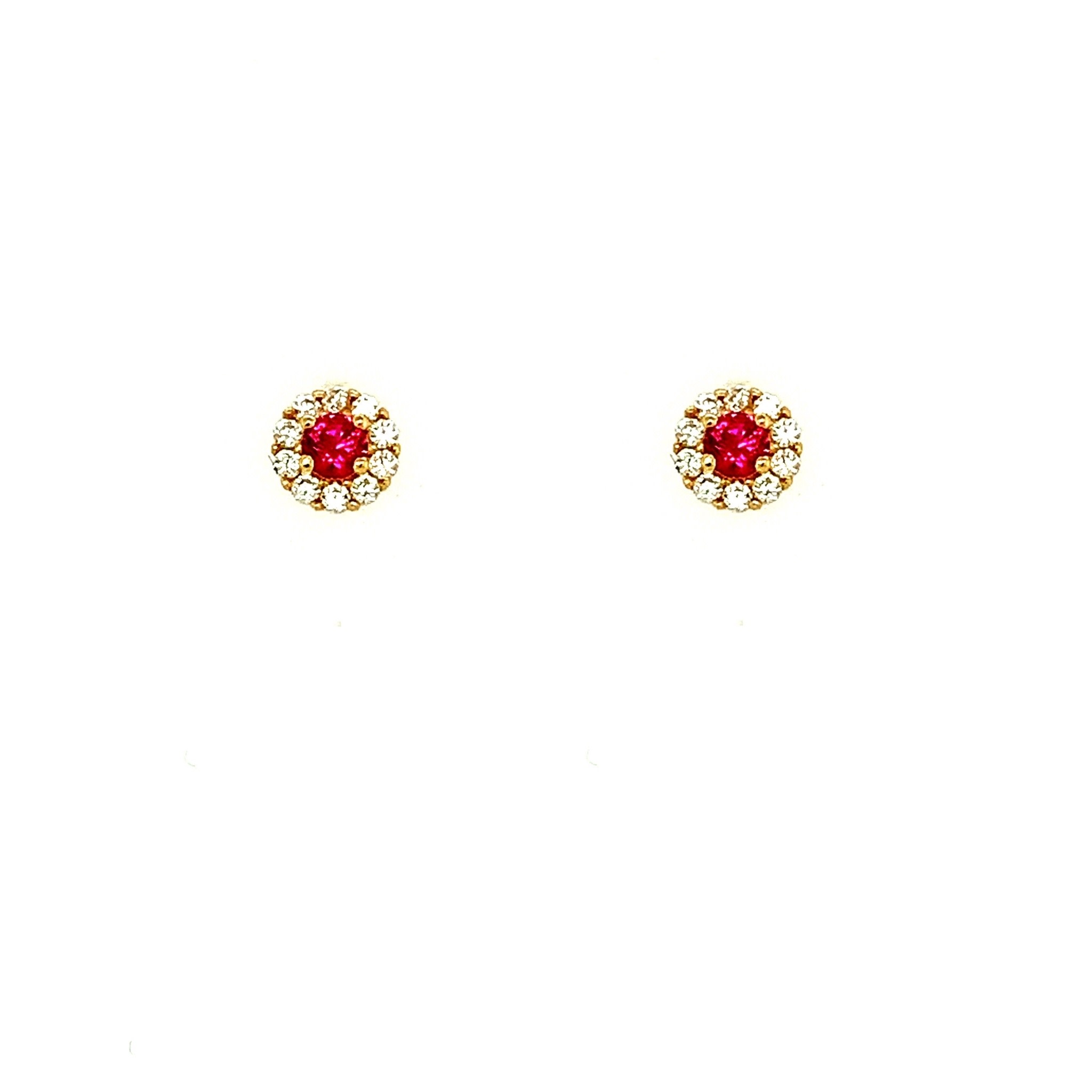 31410 14K YELLOW GOLD CUBIC ZIRCONIA HALO DESIGN STUDS RED AND LIGHT BLUE