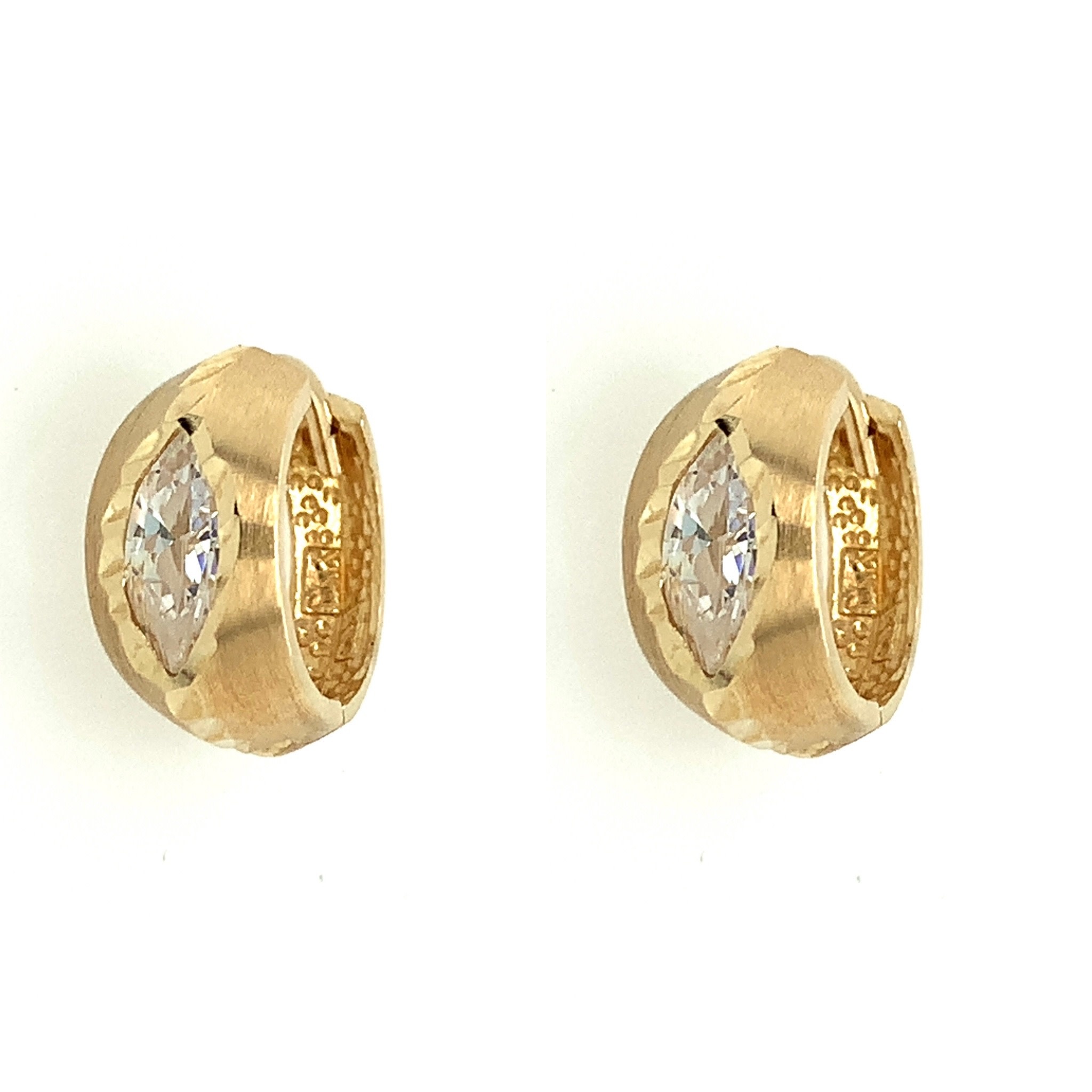 30417 14K YELLOW GOLD MARQUIS SHAPE CUBIC ZIRCONIA MATTE FINISH WITH DIAMOND CUT HUGGIES