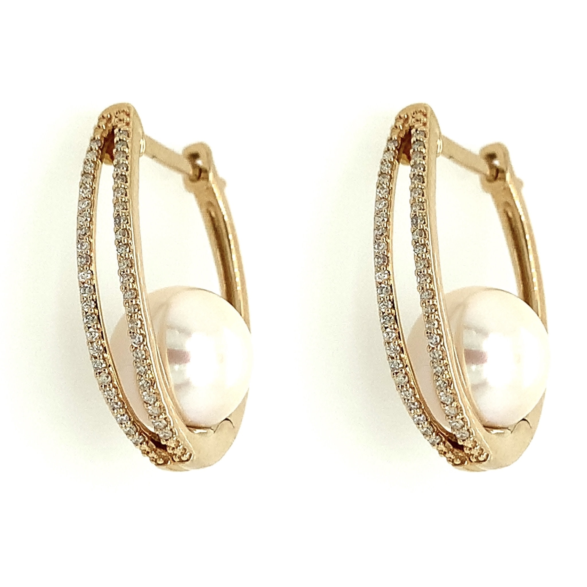 30200 10K YELLOW GOLD OBLONG .33TCW DIAMOND SPLIT ROW INNER SITTING 8MM PEARL HOOPS 1''