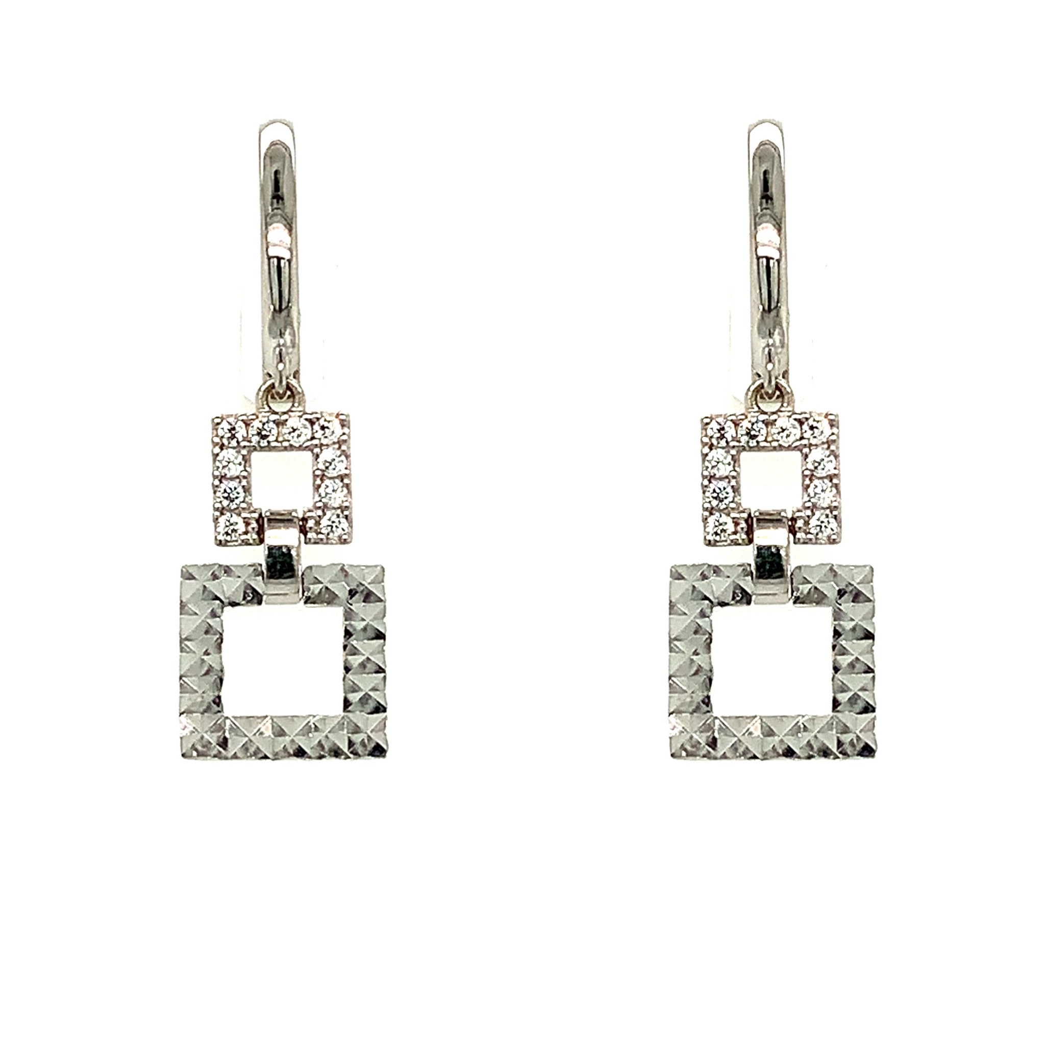 30282 14K WHITE GOLD DOUBLE DIAMOND CUT AND CUBIC ZIRCONIA SQUARE HANGING HUGGIES