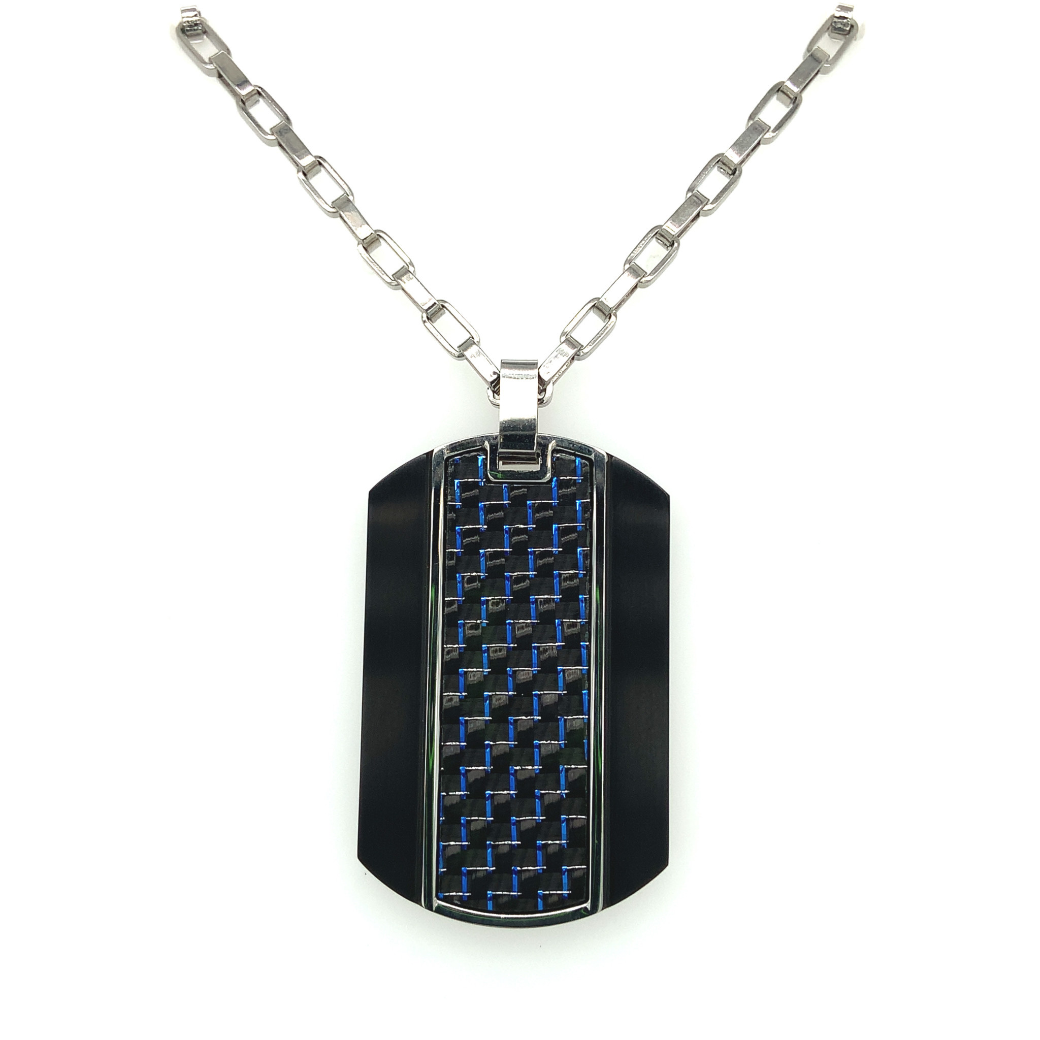90221 CHISEL STAINLESS STEEL BRUSHED & POLISHED BLACK & BLUE CARBON FIBER DOG TAG NECKLACE 90221 CHISEL STAINLESS STEEL BRUSHED & POLISHED BLACK & BLUE CARBON FIBER DOG TAG NECKLACE