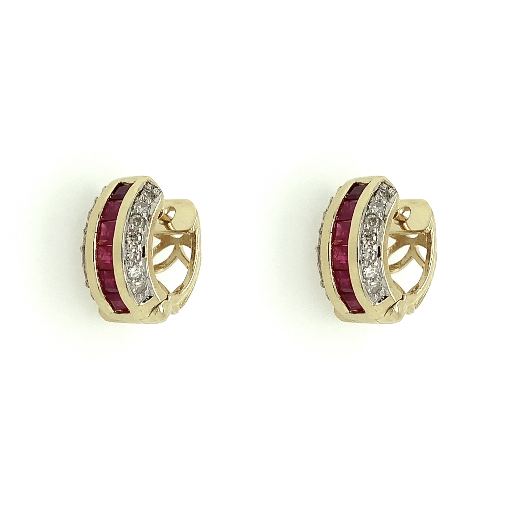 30298 14K YELLOW GOLD CHANNEL SET RUBY AND DIAMOND HUGGIES