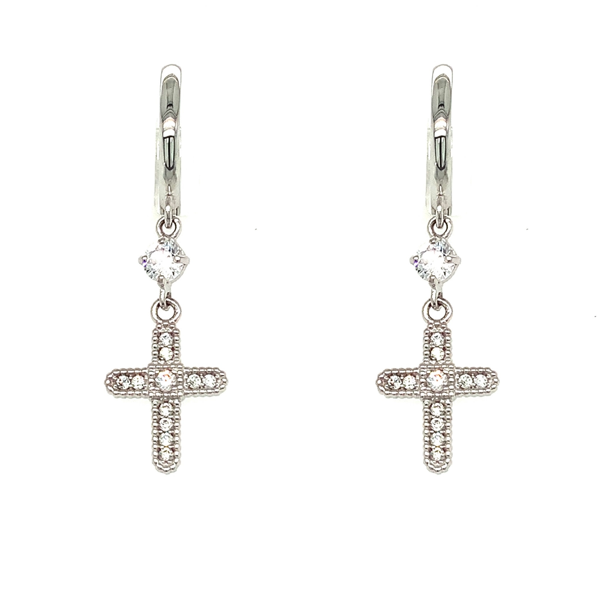 31511 14K WHITE GOLD CUBIC ZIRCONIA DANGLY CROSS HUGGIES