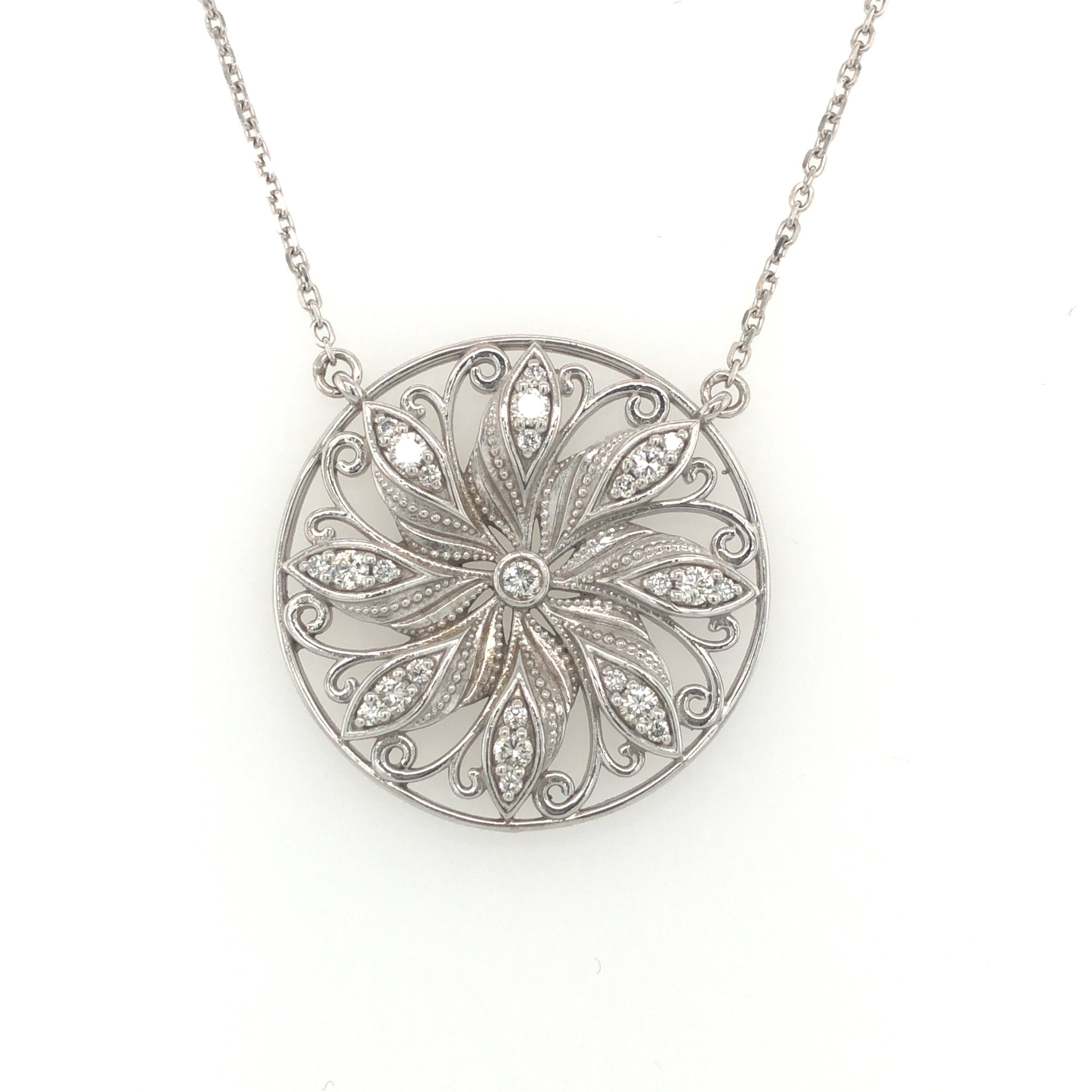 60139 14K .43TCW DIAMOND OPEN CUT OUT FILIGREE ROUND FLOWER NECKLACE