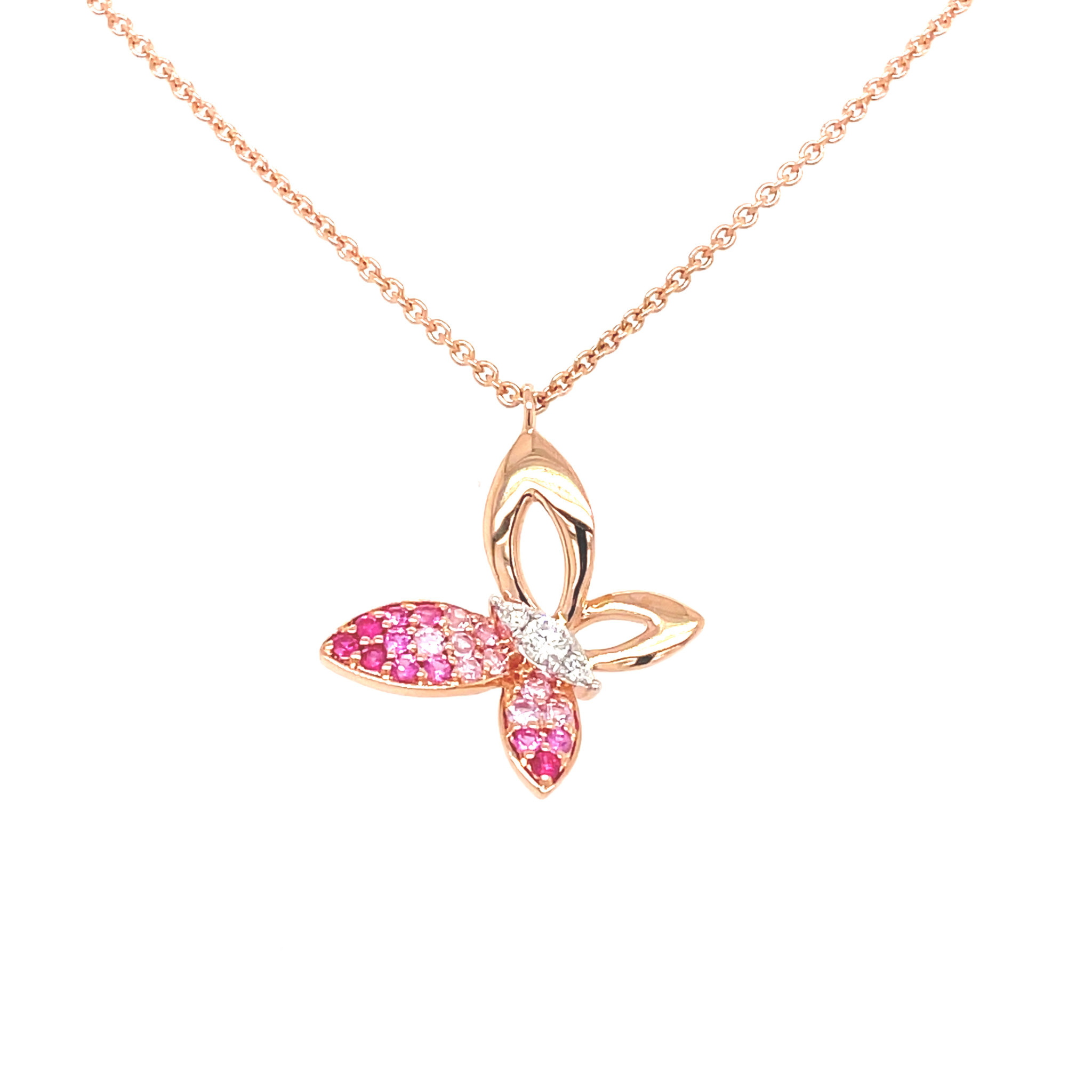 14K ROSE GOLD PINK SAPPHIRE AND DIAMOND BUTTERFLY PENDANT SET
