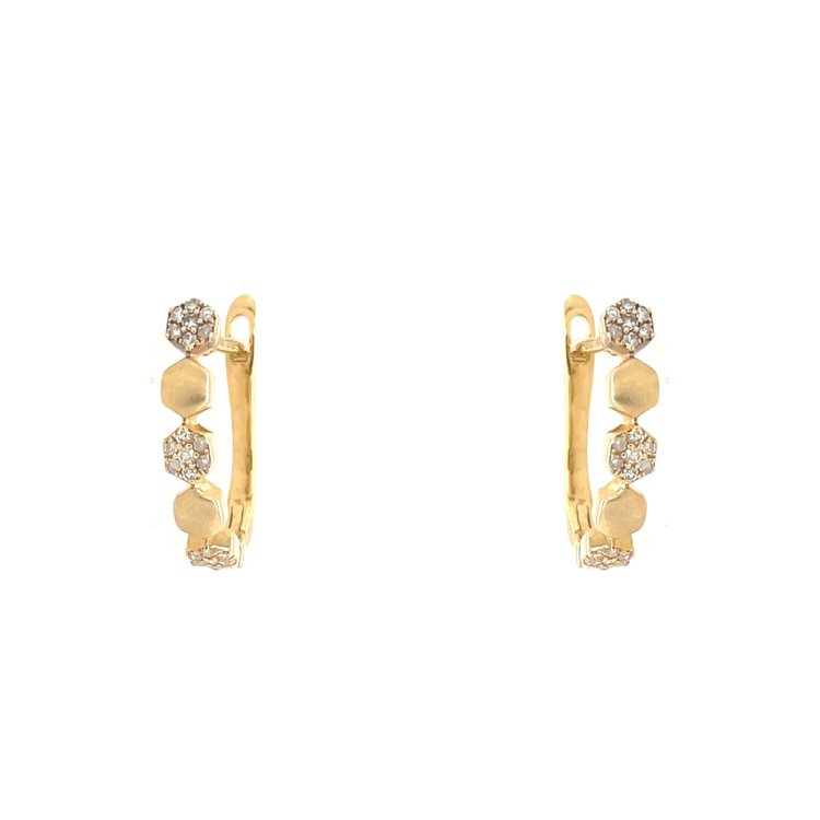 30221 14K YELLOW GOLD .15TCW DIAM0ND AND SATIN FINISHED MULTI OCTAGON  ROW LEVER BACK HUGGIES