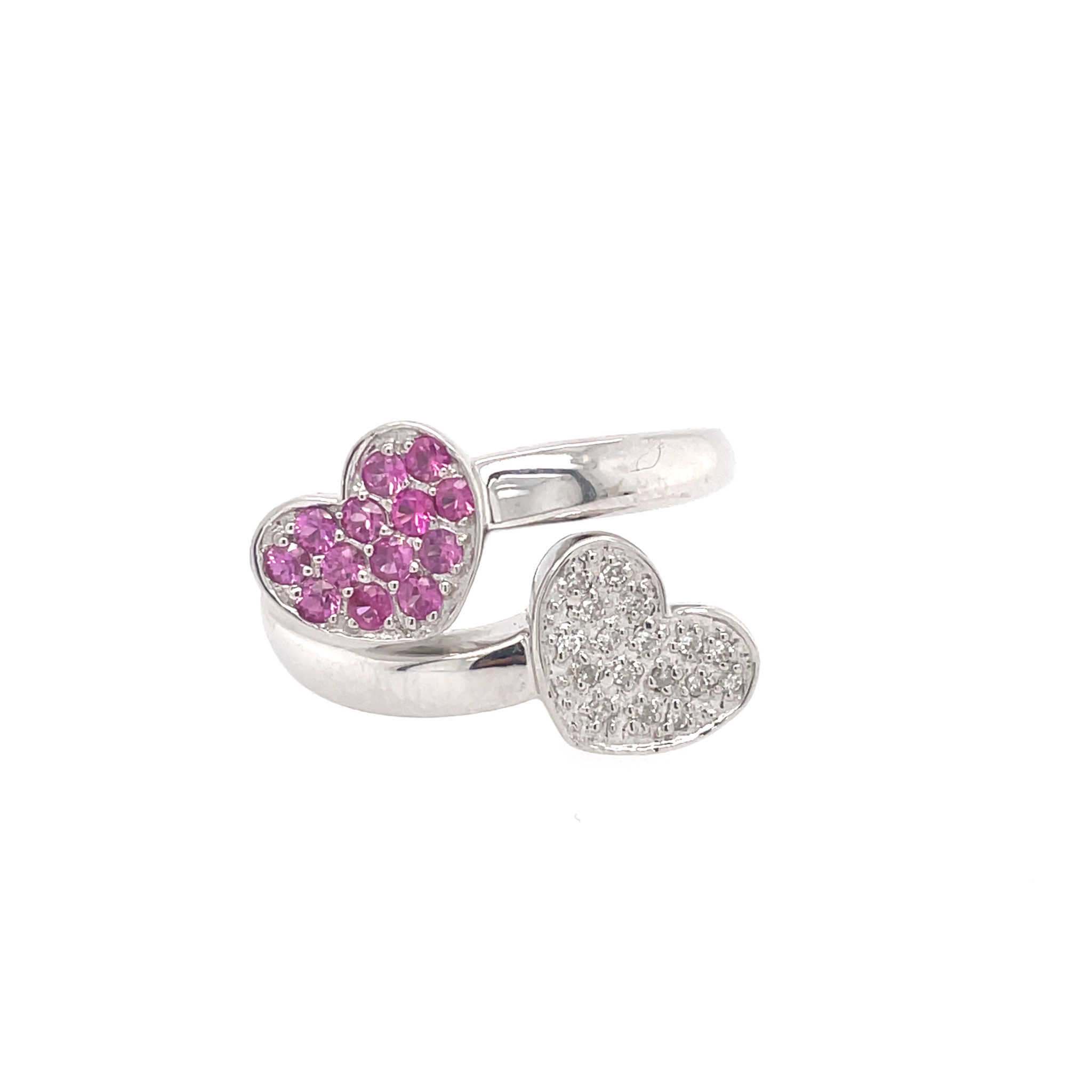 14K WHITE GOLD DIAMOND AND PINK SAPPHIRE DOUBLE HEART RING