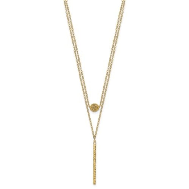 60163 14K YELLOW GOLD DOUBLE LAYER HOLLLOW BEAD DIAMOND CUT BAR NECKLACE