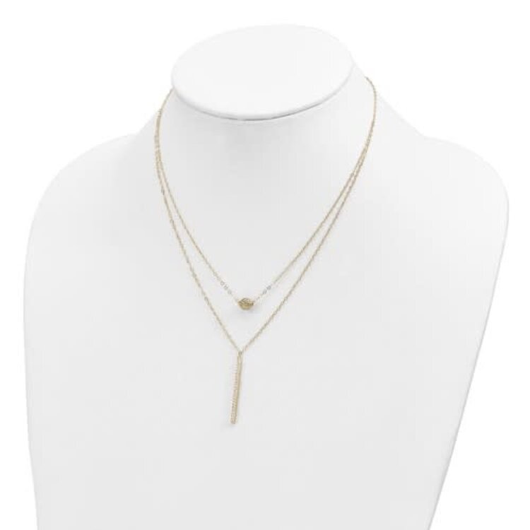 60163 14K YELLOW GOLD DOUBLE LAYER HOLLLOW BEAD DIAMOND CUT BAR NECKLACE