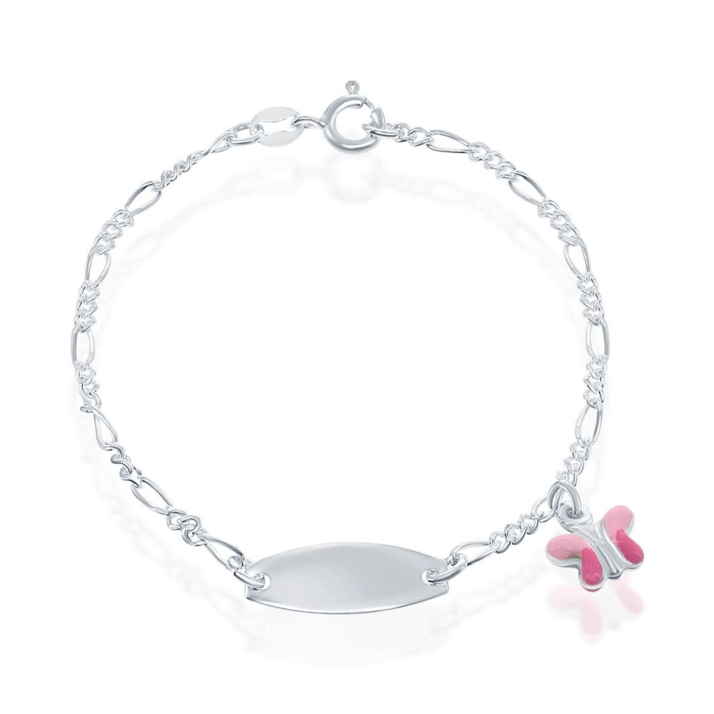 T-7723 Sterling Silver Kid-ID Bracelet 6.5'', Pink Butterfly Enamel Charm