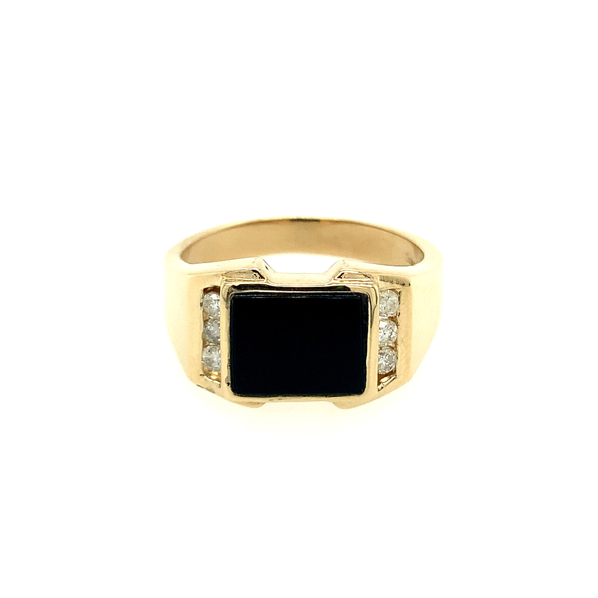 45028 14K YELLOW GOLD RECTANGLE ONYX MENS RING WITH THREE CHANNEL SET DIAMONDS ON EACH SIDE .32CTS