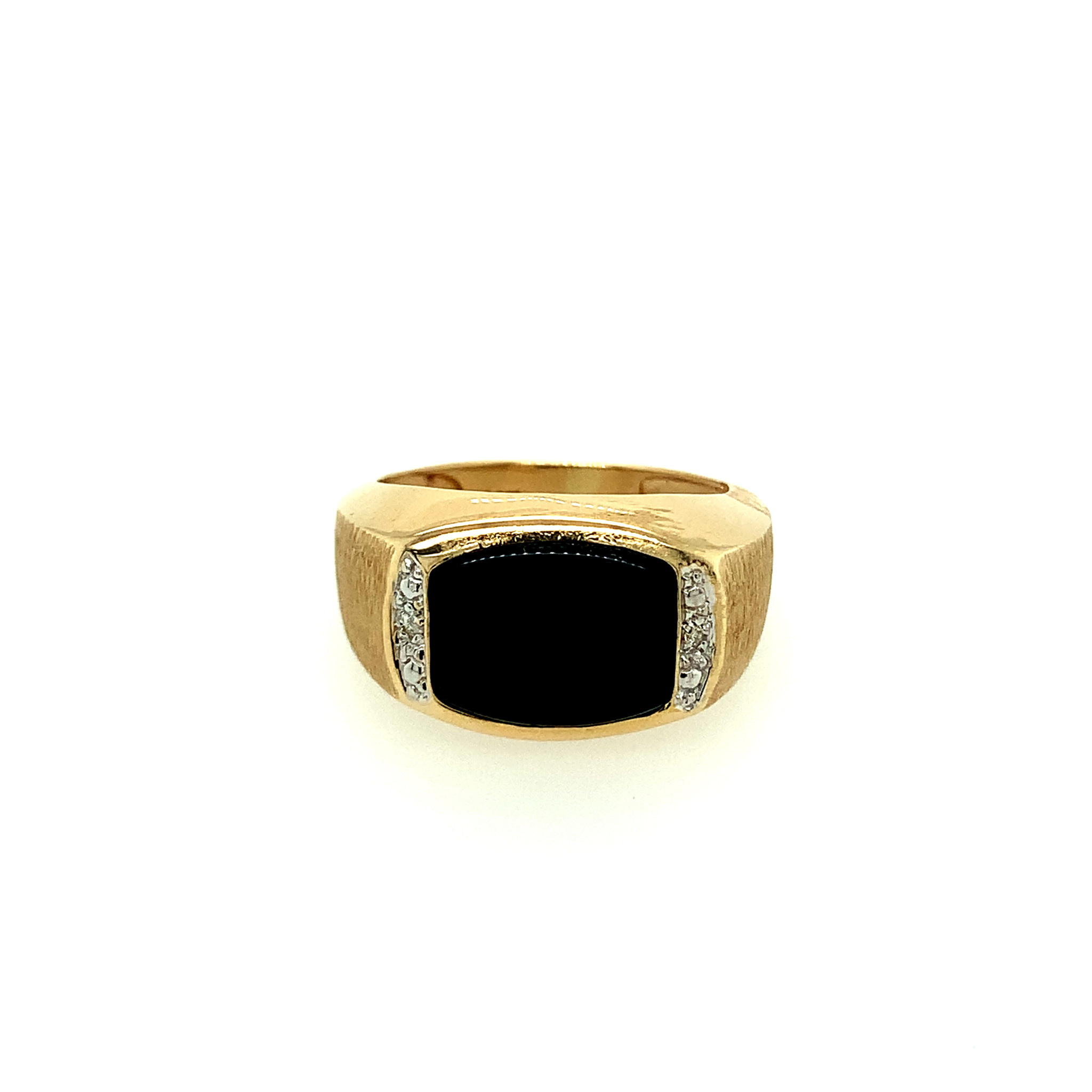 45152 YELLOW GOLD OBLONG ONYX MENS RING WITH DIAMONDS ON EACH SIDE AND A TEXTURED SATIN FINISH