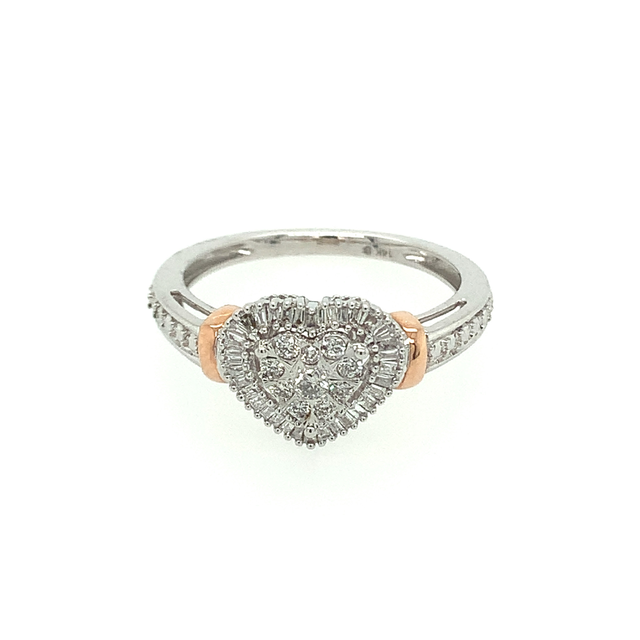40056 .25 TCW BAGUETTE AND ROUND DIAMOND WHITE GOLD HEART RING WITH PINK GOLD ACCENTS