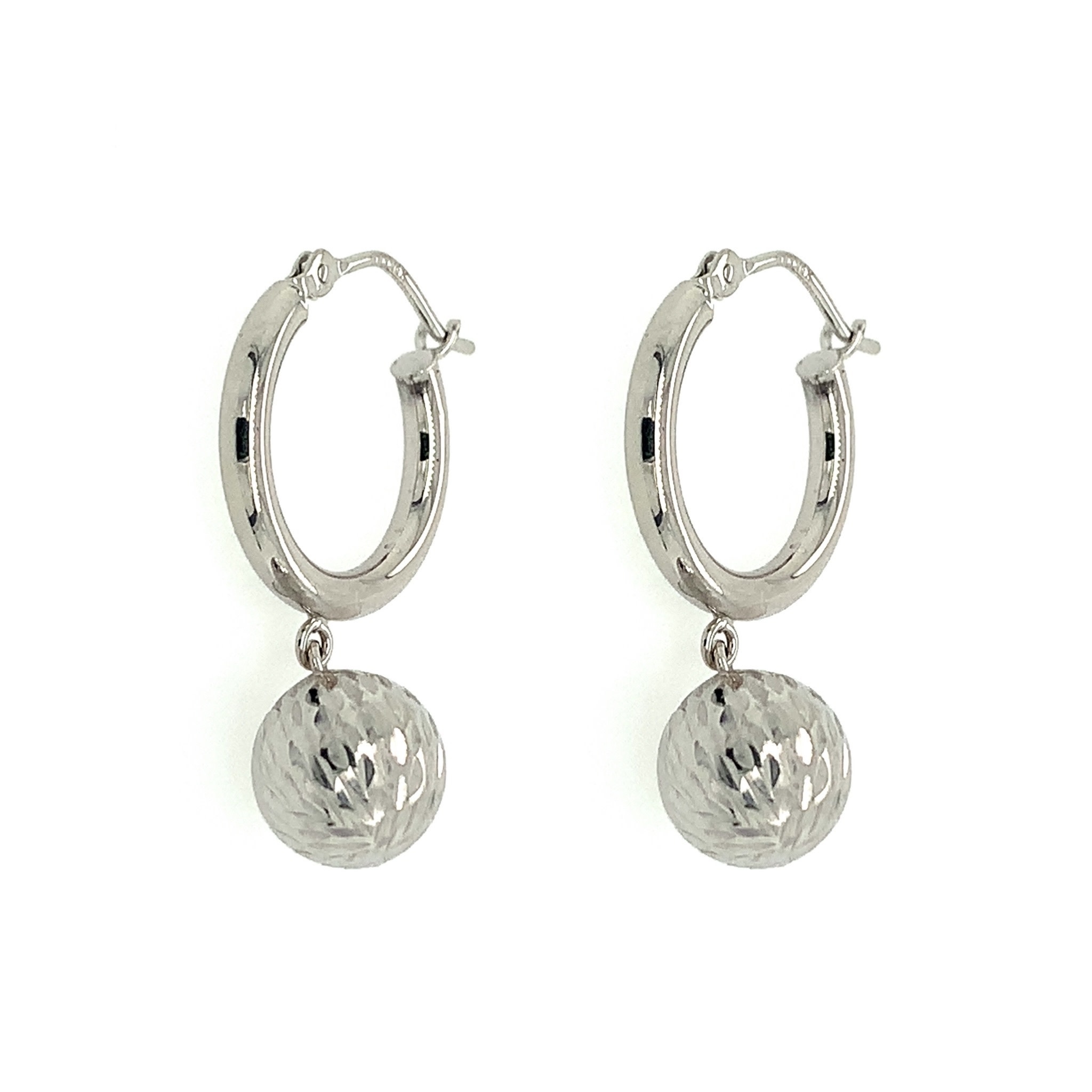 30308 14K WHITE GOLD DIAMOND CUT HANGING BEAD HUGGIES