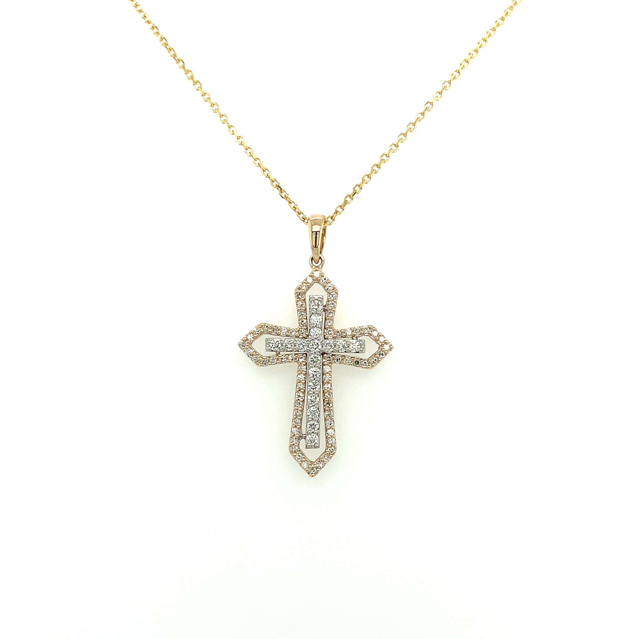 70105 14K TWO TONED .52CT DIAMOND WITH TRADITIONAL CENTER AND POINTED FRAME CROSS PENDANT