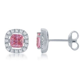 D-5579 Sterling Silver White CZ Square Stud Earrings - Pink