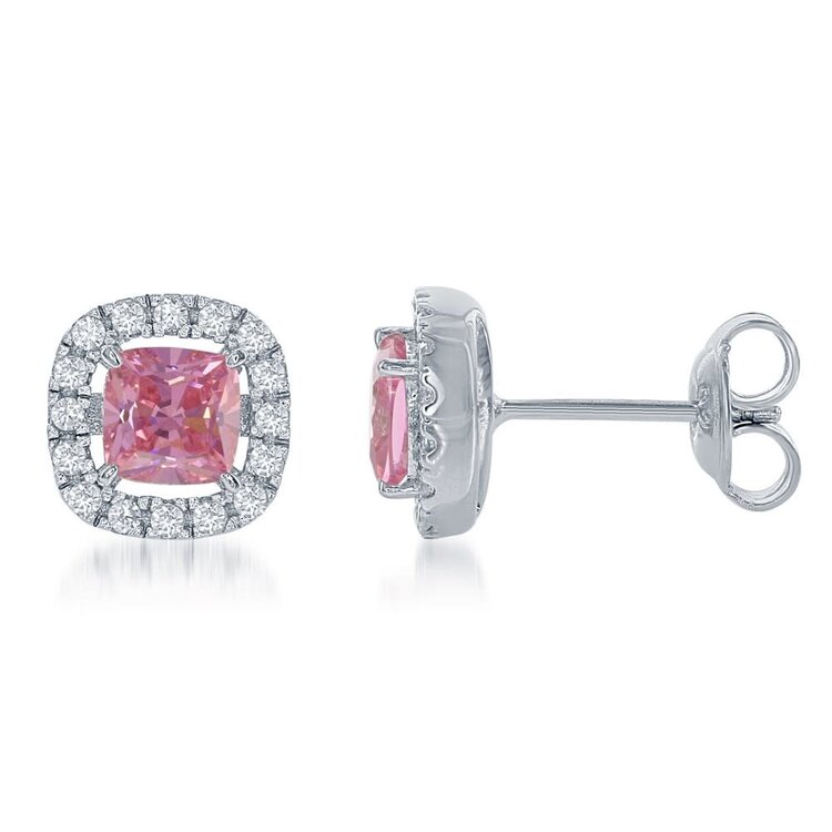 D-5579 Sterling Silver White CZ Square Stud Earrings - Pink